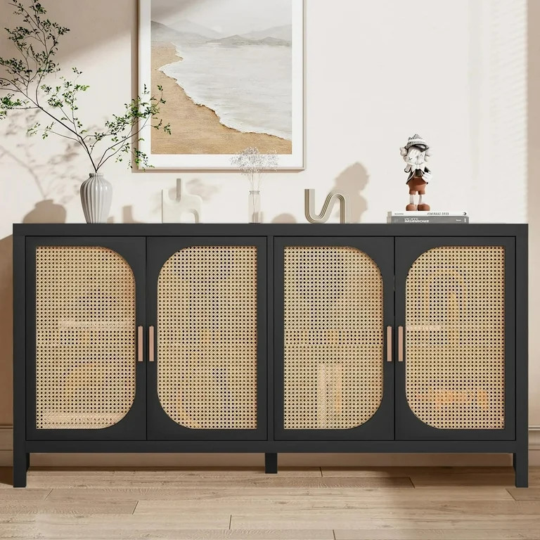 Rattan Sideboard Buffet Cabinet with Storage, Wooden Cabinet with 4 Doors, Kitchen Console Table | Walmart (US)