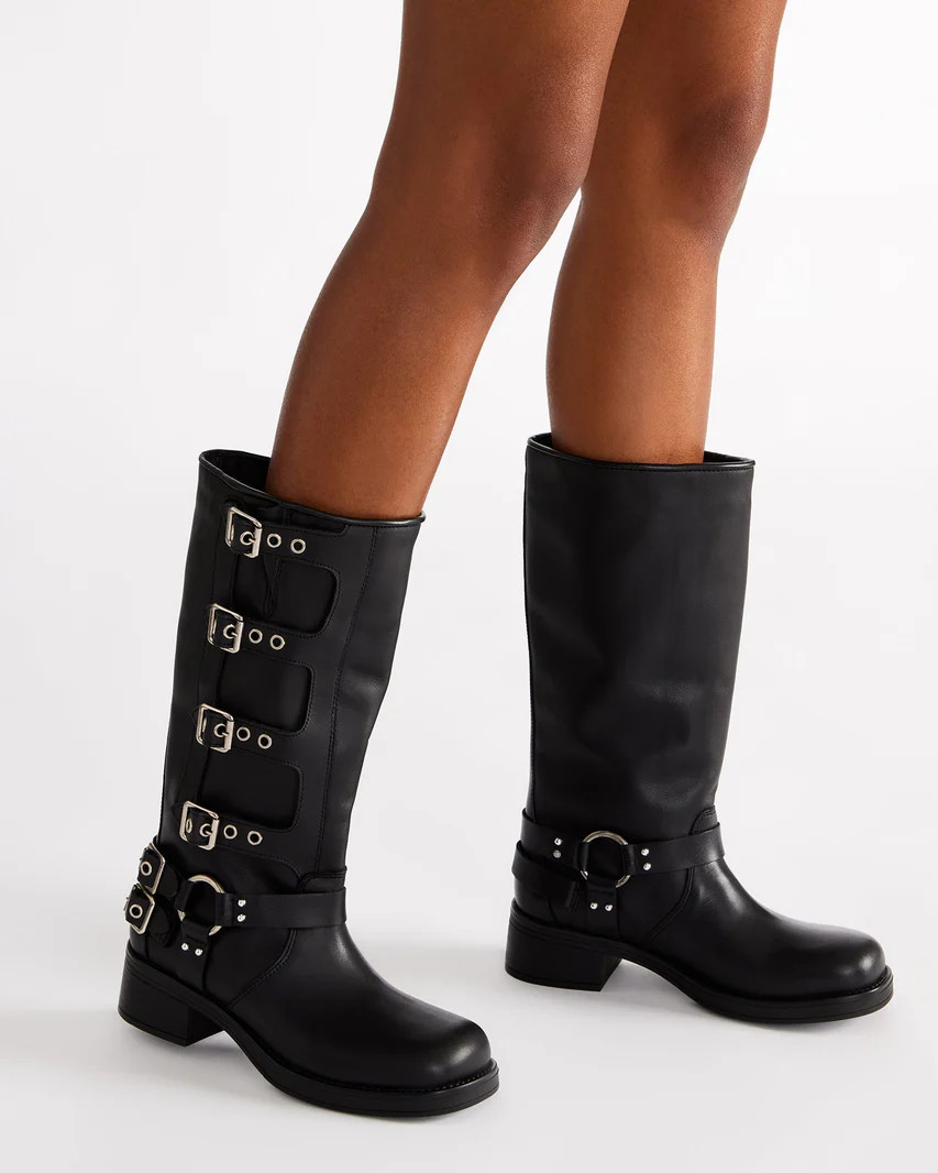 ROCKY Black Leather Knee-High Moto Boots | Women's Boots | Steve Madden (US)