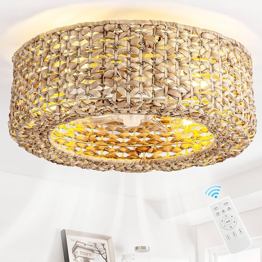 0139-4H Handwoven Rattan Boho Ceiling Fans with Lights Remote Control Flush Mount Fandelier Low P... | Amazon (US)