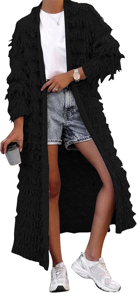 SHINFY Women's Open Front Cardigan Sweaters 2023 Fall Tassel Fringe Cable Knit Crochet Maxi Long ... | Amazon (US)