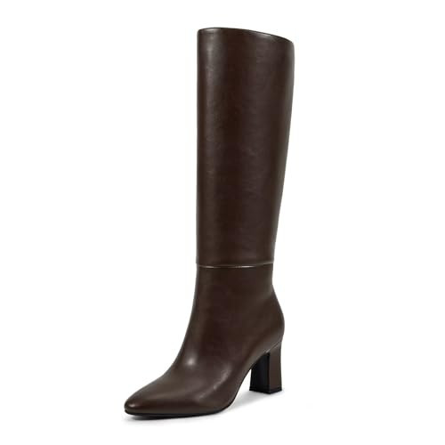 wetkiss Brown Knee High Boots for Women Chunky Heel Round Toe Side Zipper Long Boots Almond Toe Block Heeled Tall Boot Dress Fashion Party Wedding Daily | Amazon (US)