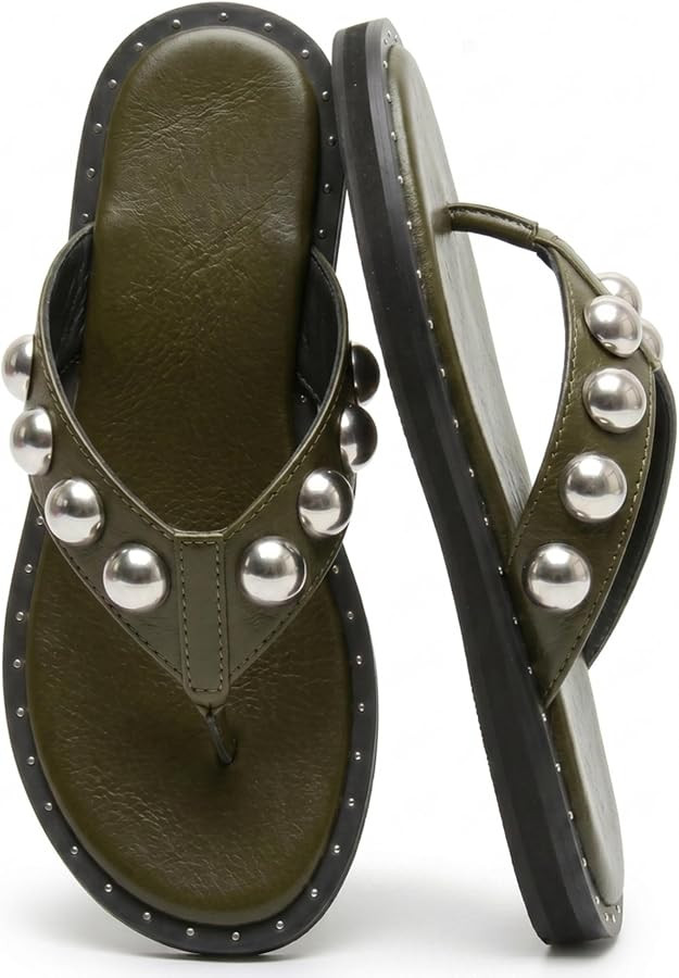 Studded Thong Sandals for Women Round Clip Toe Slip On Flip Flops Slides Comfortable Contrast Tac... | Amazon (US)