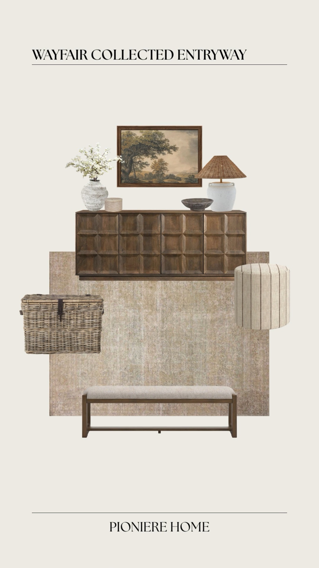 Wayfair collected entryway. Vintage inspired decor, wood sideboard cabinet, Amber Lewis x loloi rug, entryway bench, affordable home decor, wicker trunk

#LTKSeasonal #LTKHome #LTKSaleAlert