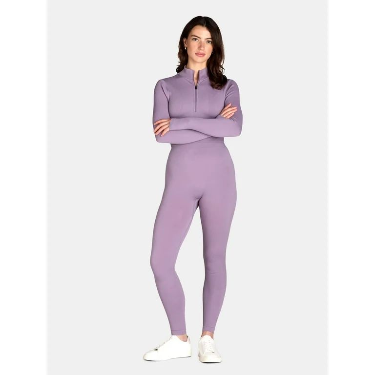 No Boundaries Seamless Half Zip Mock Neck Top and Leggings Set, 2-Piece, Women's | Walmart (US)