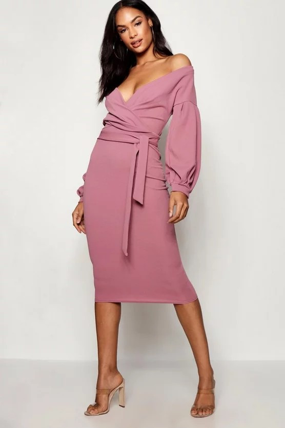 Tall Off The Shoulder Wrap Midi Bodycon Dress | Boohoo.com (US & CA)