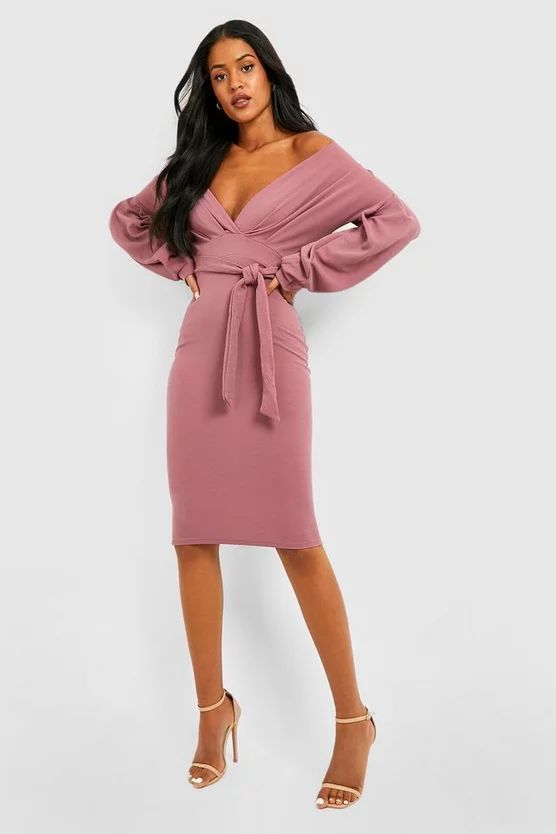 Tall Off The Shoulder Wrap Midi Bodycon Dress | Boohoo.com (US & CA)