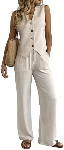 Women's 2 Piece Outfits Linen Vest Waistcoat Dressy Casual Sets Wide Leg Pants Suits | Amazon (US)