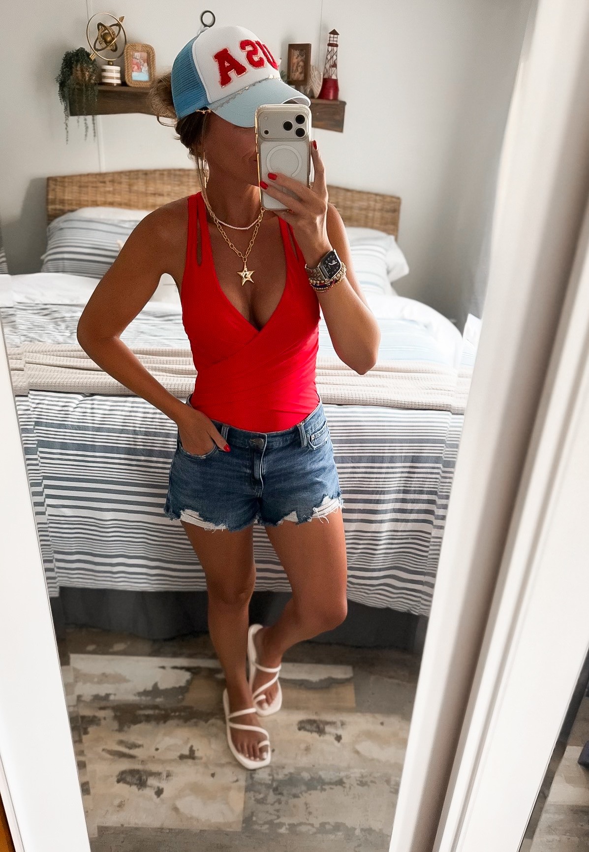 Happy 4th of July 🇺🇸 
Wearing medium in shorts and suit. 
Hat from Hobby Lobby (can’t link)