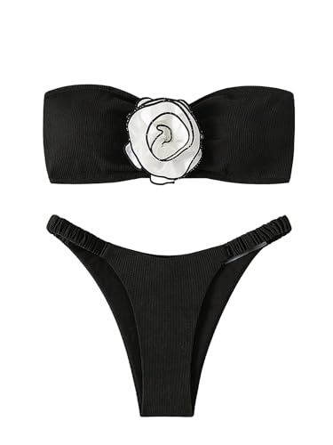 GORGLITTER Women's 3D Floral Swimsuit Strapless Bathing Suit String Thong Bikini Set | Amazon (US)