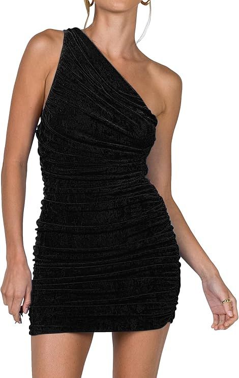 LYANER Women's Sexy One Shoulder Ruched Sleeveless Bodycon Mini Short Dress | Amazon (US)