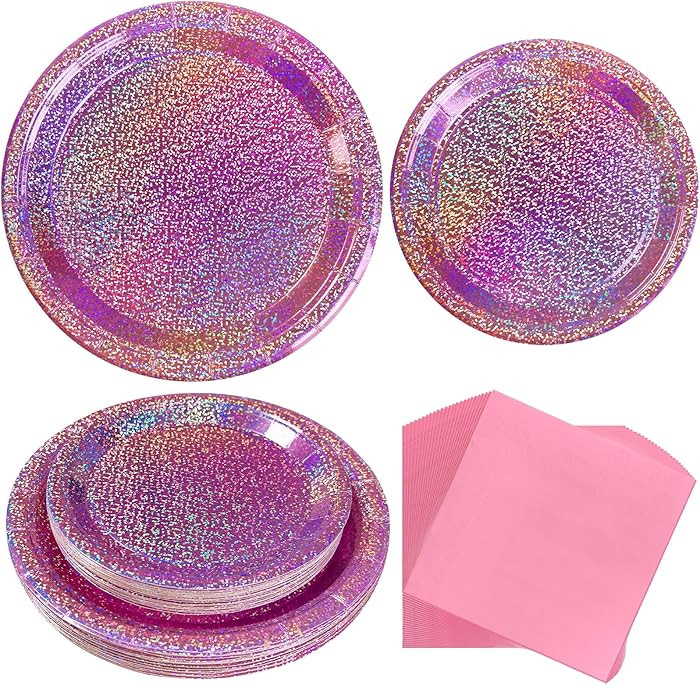 Pink Iridescent Paper Plates & Napkins, 75pcs Dinnerware Includes 9" Dinner Plates, 7" Dessert Pl... | Amazon (US)