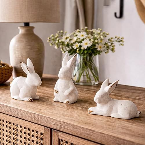 Gleemoria 3 Pcs White Ceramic Bunny Figurines – Easter Bunny Decor, Modern White Rabbit Statues for Home, Tabletop, Bookshelf & Farmhouse Easter Decorations, Spring Gifts for Indoor Tabletop | Amazon (US)