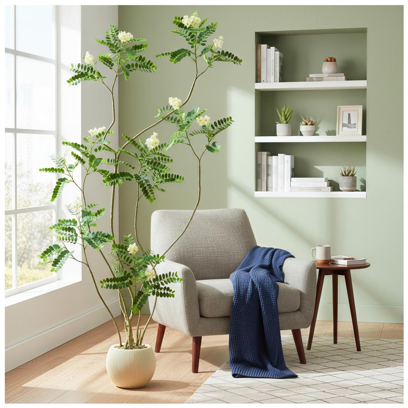 Artificial Locust Tree：6FT Faux Black Locust Floor Plant with White Flowers Small Round Silk Le... | Amazon (US)