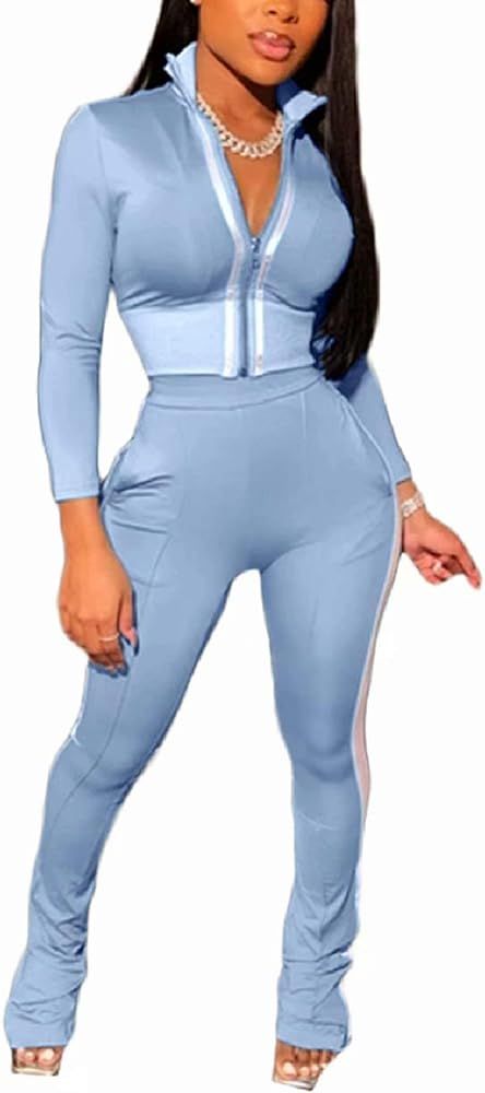 ThusFar Women's Tracksuit Two Piece Outfits Zip-Up Bodycon Crop Jacket Bootcut Pants Jogging Set Spo | Amazon (US)