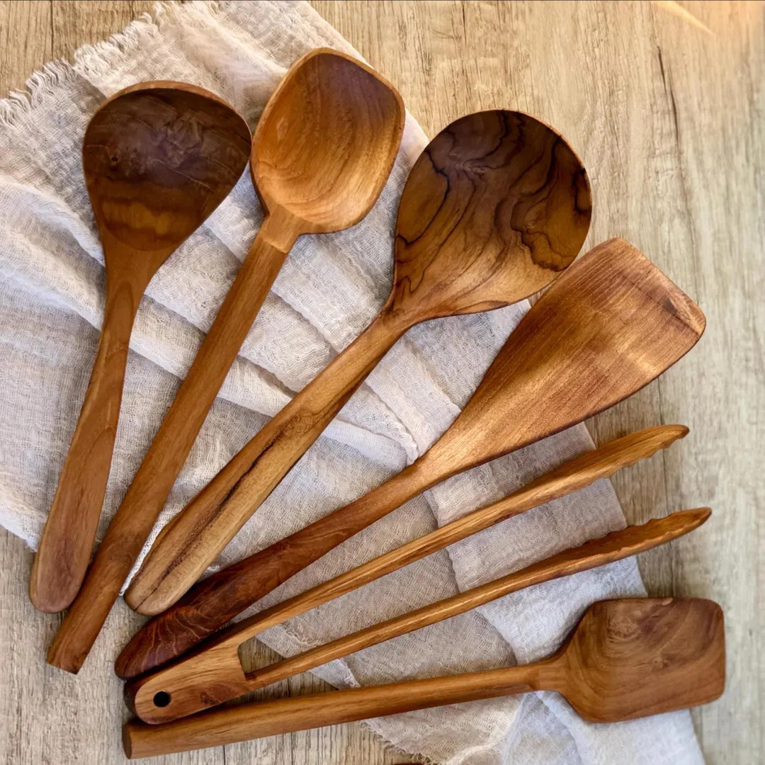 Teak Wood Utensil Set: 6-piece Spoons, Spatulas & Tongs - Etsy | Etsy (US)