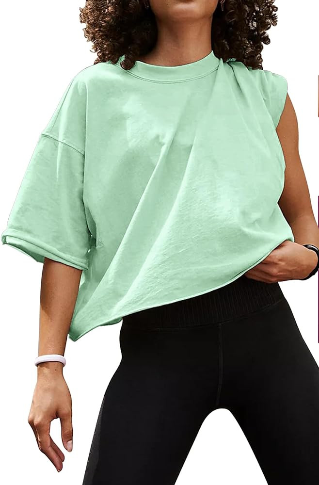 Women's Oversize Workout Crop Tops Casual Short Sleeve Drop Shoulder Boxy T-Shirts Roll Hem Basic... | Amazon (US)
