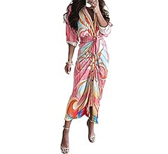 Linsery Women's Ruched Shirt Dress Short Sleeve Button Up Belted Wrap Maxi Dress | Amazon (US)