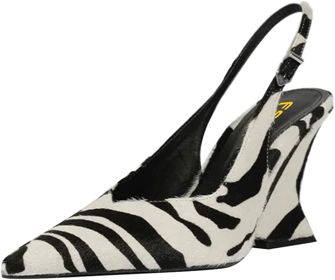 FSJ Women Pointed Toe Slingback Wedge Heel Pumps Adjustable Strap High Heels Office Wear Shoes Si... | Amazon (US)