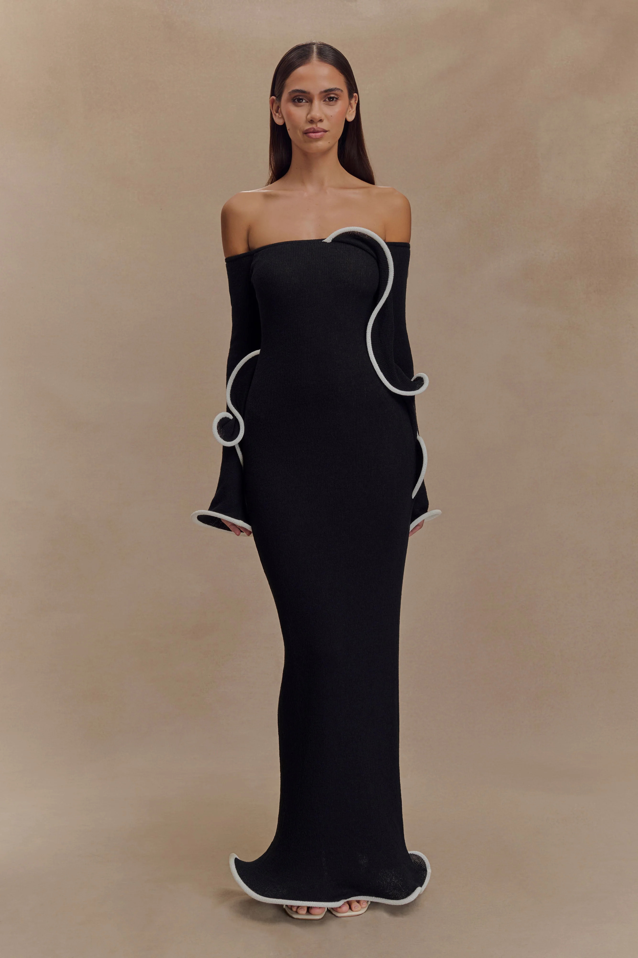 Sandrine Off Shoulder Knit Maxi Dress - Black/White | MESHKI US