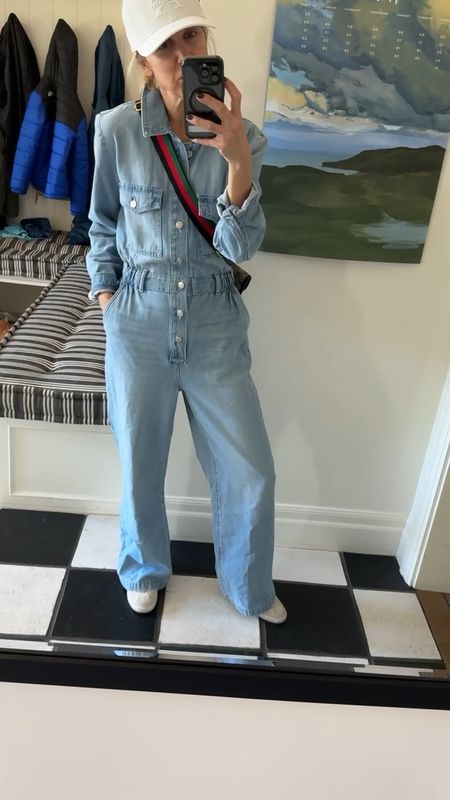 Soft denim cinch waist jumpsuit - currently on sale! Love how this fits and feels. Gretchen in a small, so tts. If you’re looking for that wide leg denim look with sneakers this does that! Also linking purse. 

#LTKover40 #LTKSpringSale #LTKVideo