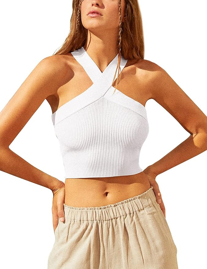 MISSACTIVER Women’s Sexy Crisscross Wrap Crop Halter Top Basic Sleeveless Rib-Knit Backless Cro... | Amazon (US)