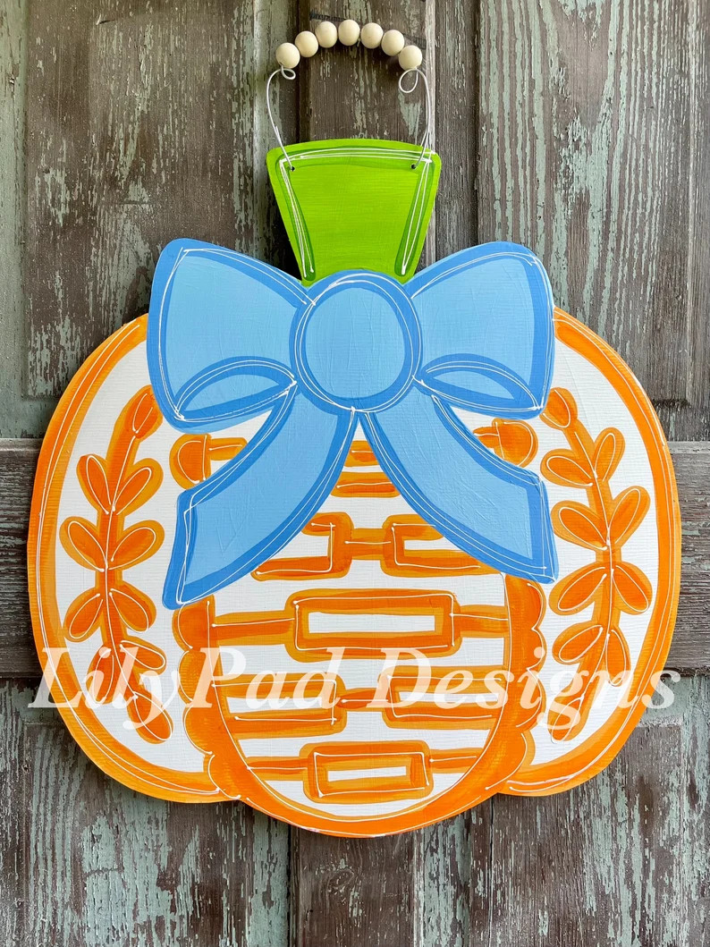 Orange chinoiserie pumpkin/blue bow door hanger | Etsy (Global)