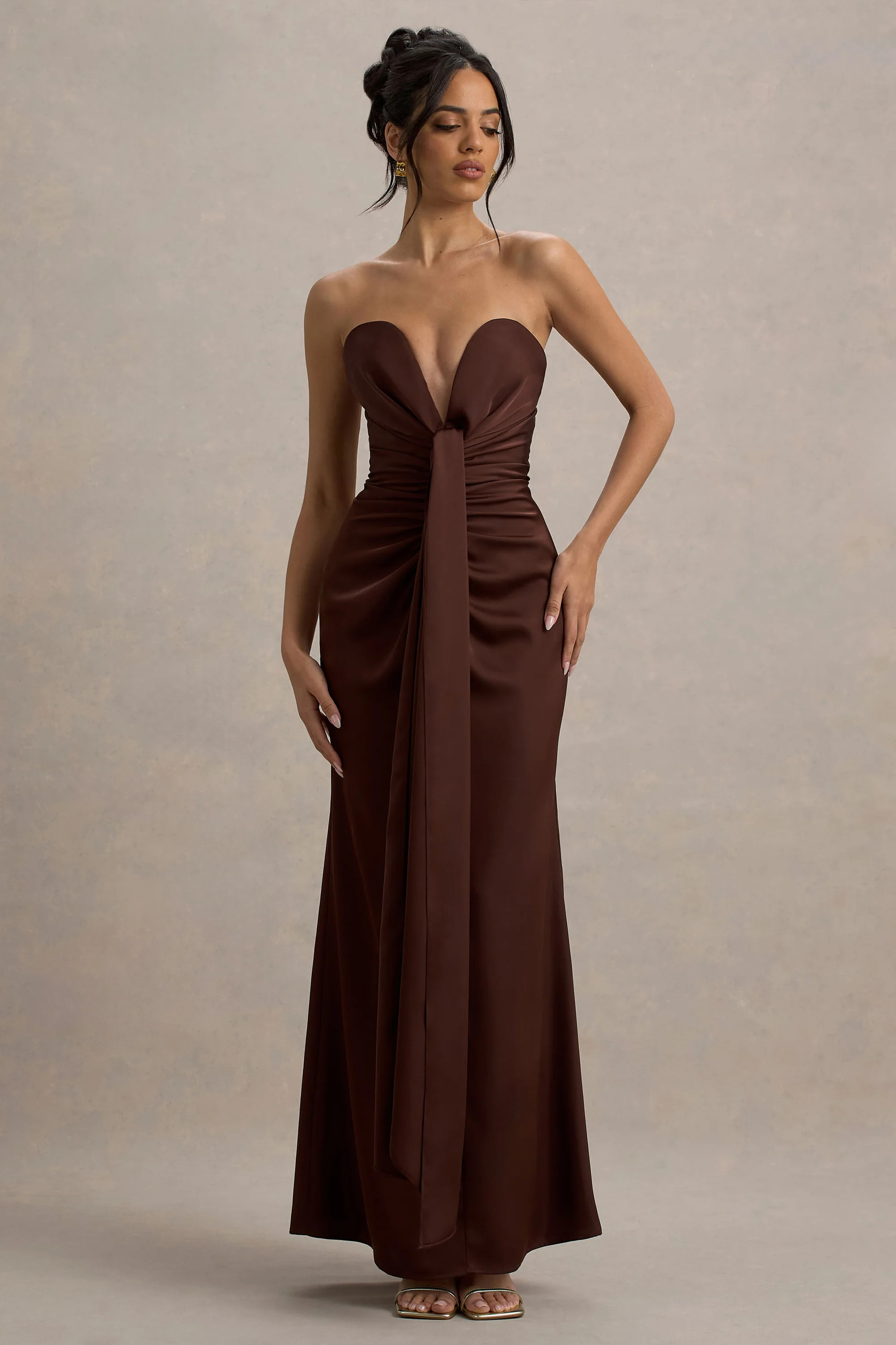 Mackenzie  Brown Satin Plunge-Neck Draped Maxi Dress | Club L London