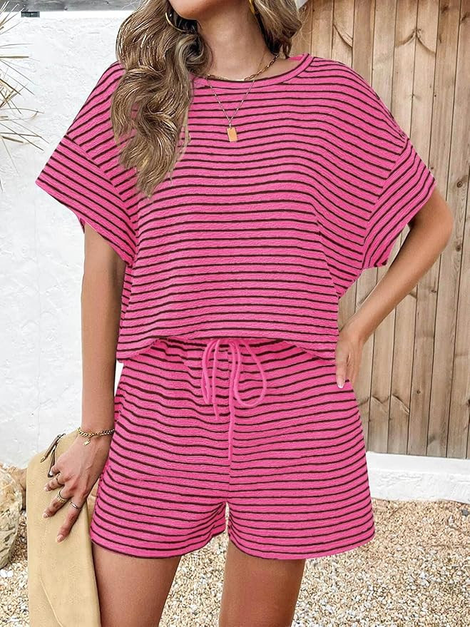 Tankaneo Womens Pajama Sets Striped 2 Piece Lounge Sets Short Sleeve Oversized T Shirts Drawstrin... | Amazon (US)