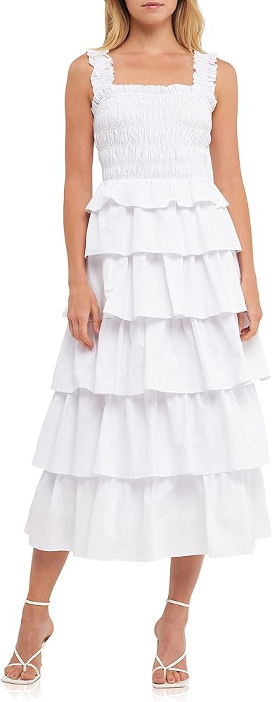 English Factory Women's Smocked Bust Multi Ruffled Maxi Gown Dress | Amazon (US)