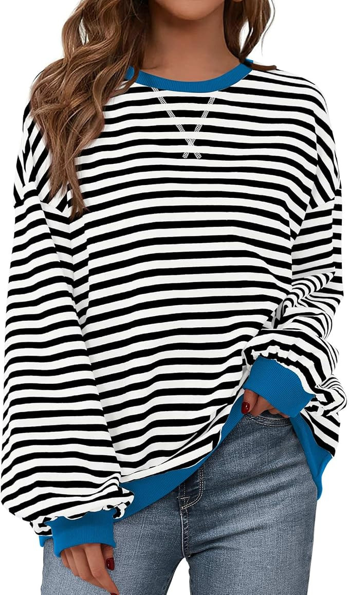 BTFBM Womens Oversized Striped Sweatshirt Crewneck Long Sleeve Pullover Top Casual Y2K Fall Cloth... | Amazon (US)