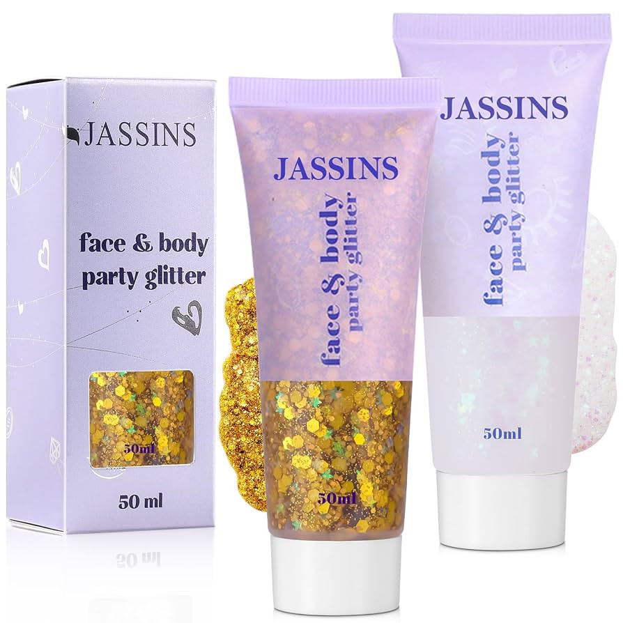 JASSINS 2PCS Body Glitter, 100ml Gold and White Face Glitter for Women Girls Kids, Glitter Gel Ma... | Amazon (US)