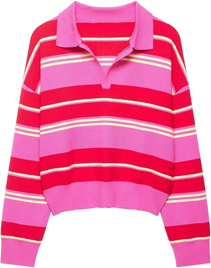 Bozanly Womens Oversized Striped Knit Sweater Casual Polo Collar Long Sleeve Pullover Knitted Top... | Amazon (US)