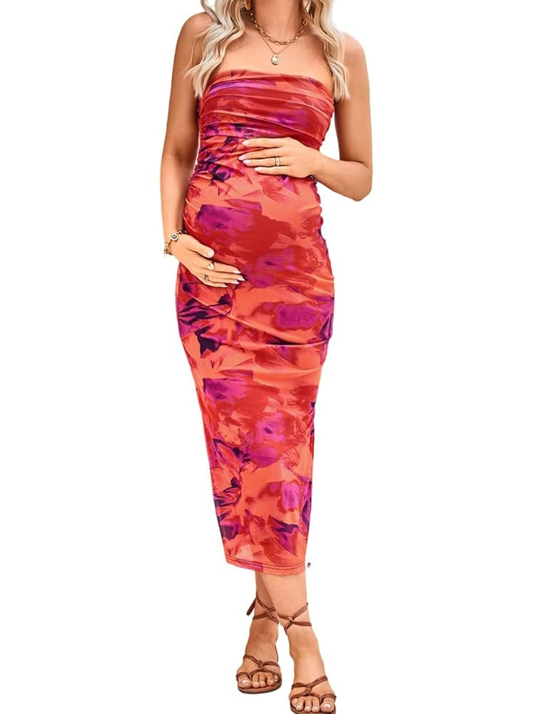 Milumia Women's Maternity Floral Mesh Split Strapless Tube Dress Bodycon Maxi Dresses | Amazon (US)