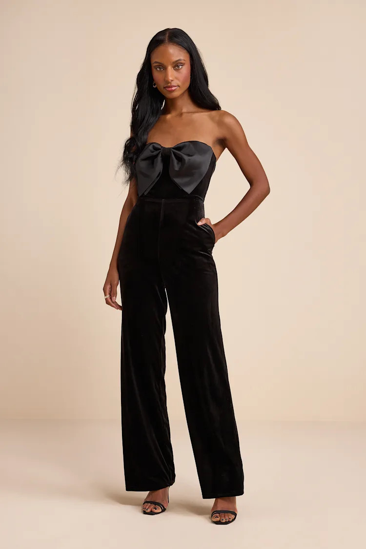 Prudence Black Velvet Bow Straight Leg Jumpsuit | Lulus