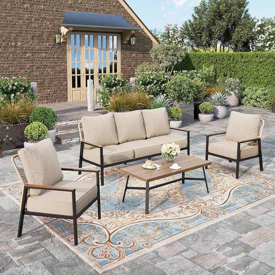 HERA'S HOUSE Patio Furniture Set, 2 x High Back Cushioned Leg Chair, 1 x 3-Seat Sofa with Wood Gr... | Amazon (US)