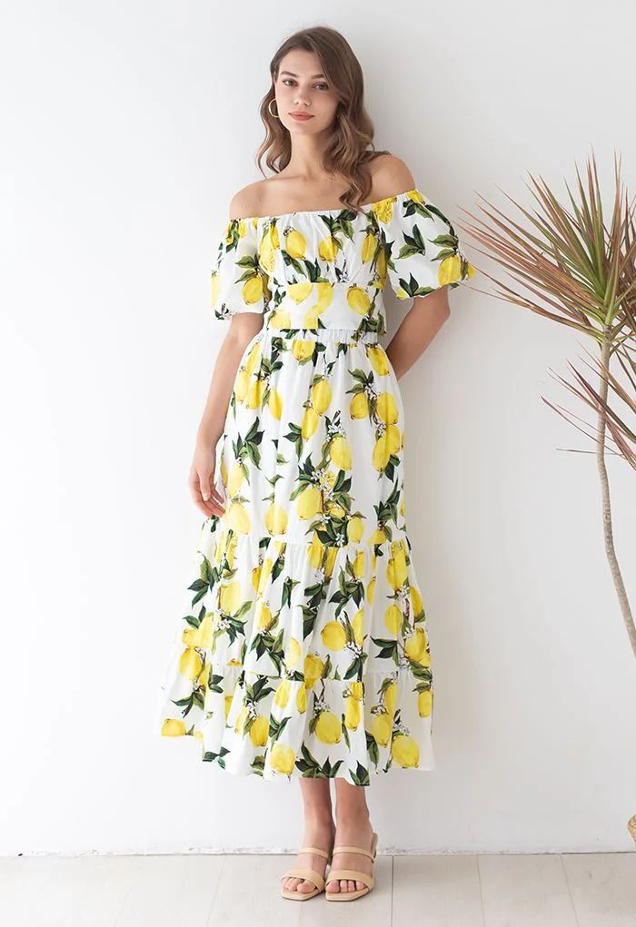 Off-Shoulder Bowknot Crop Top and Flare Skirt Set in Lemon Print | Chicwish