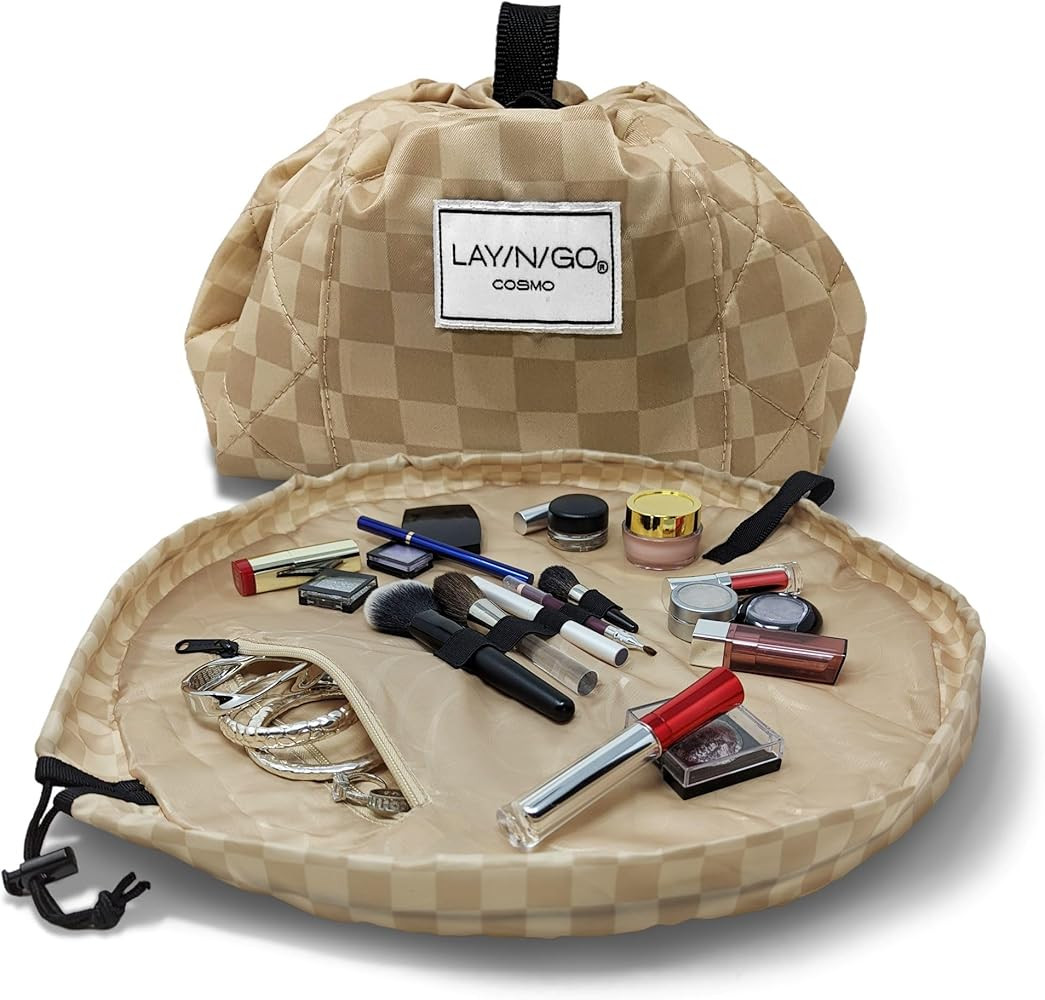 Lay-n-Go Cosmo Layflat Drawstring Cosmetic & Makeup Bag Organizer - Portable Drawstring Bag w/Zip... | Amazon (US)