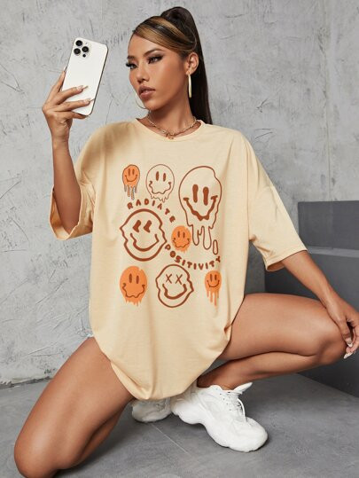 Letter & Expression Print Drop Shoulder Tee | SHEIN