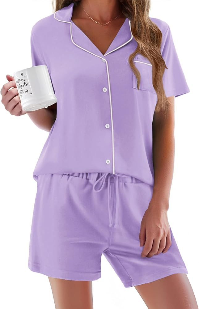 Ekouaer Pajamas Set for Women Short Sleeve Sleepwear Button Down Pjs Soft 2 Piece Lounge Sets XS-... | Amazon (US)