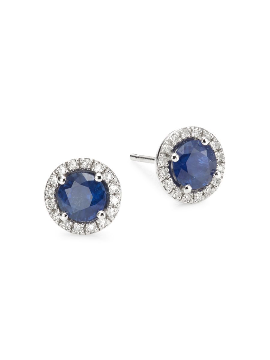 Saks Fifth Avenue Collection 14K White Gold, Sapphire, &amp; Diamond Stud Earrings | Saks Fifth Avenue