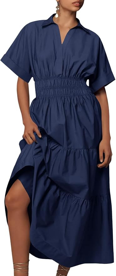 Wenrine Womens Summer Short Sleeve Maxi Dresses Casual V Neck Smocked Loose Tiered Flowy Shirt Dr... | Amazon (US)