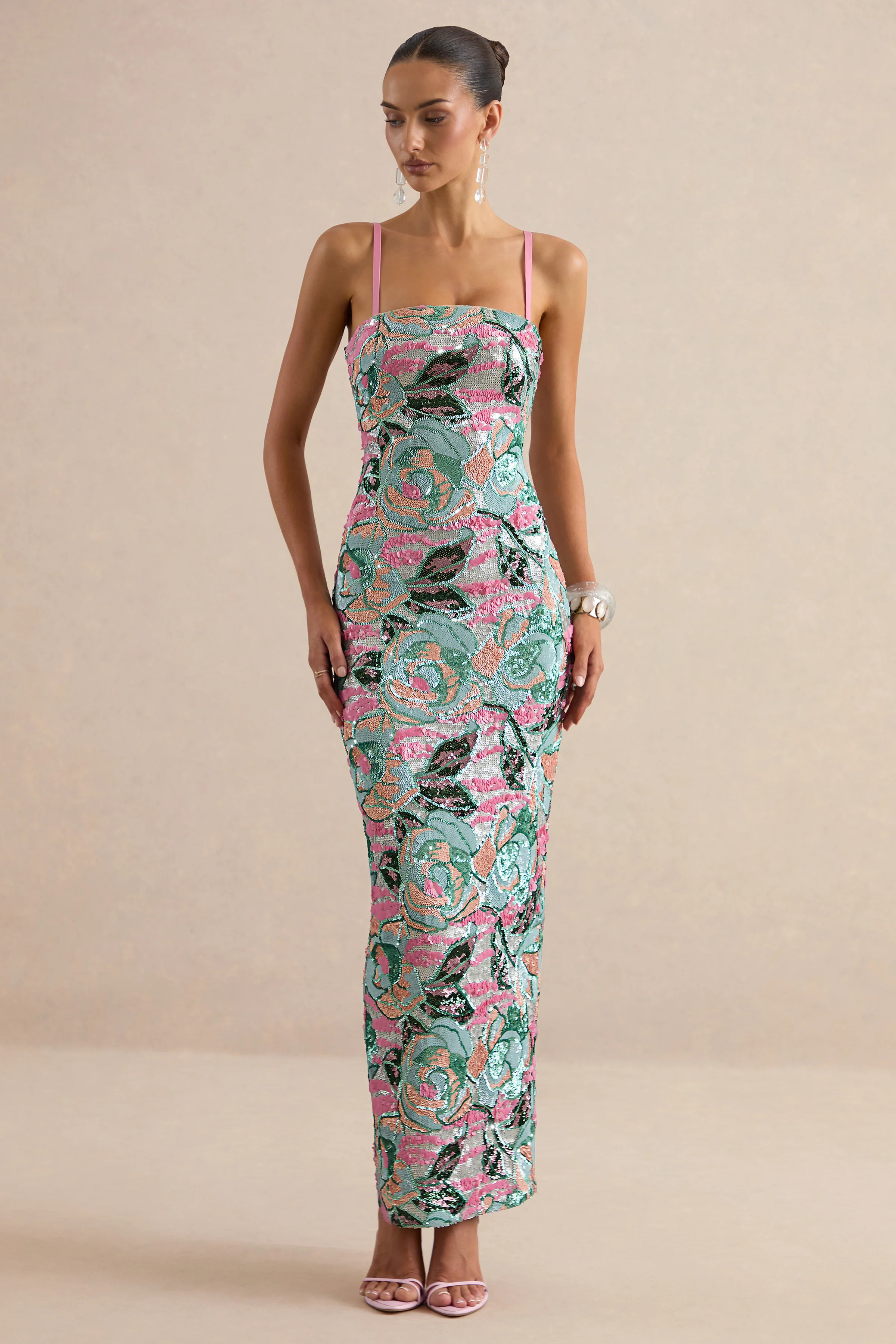 Xandra | Light Blue Floral Print Sequin Bandeau-Neck Maxi Dress | Club L London