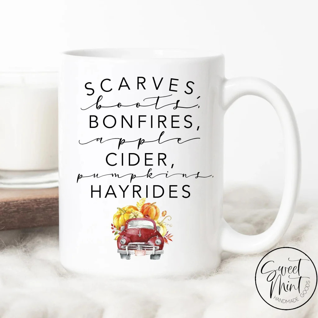 Scarves boots bonfires apple cider pumpkins hayrides mug with red truck - fall / autumn mug | Sweet Mint Handmade Goods