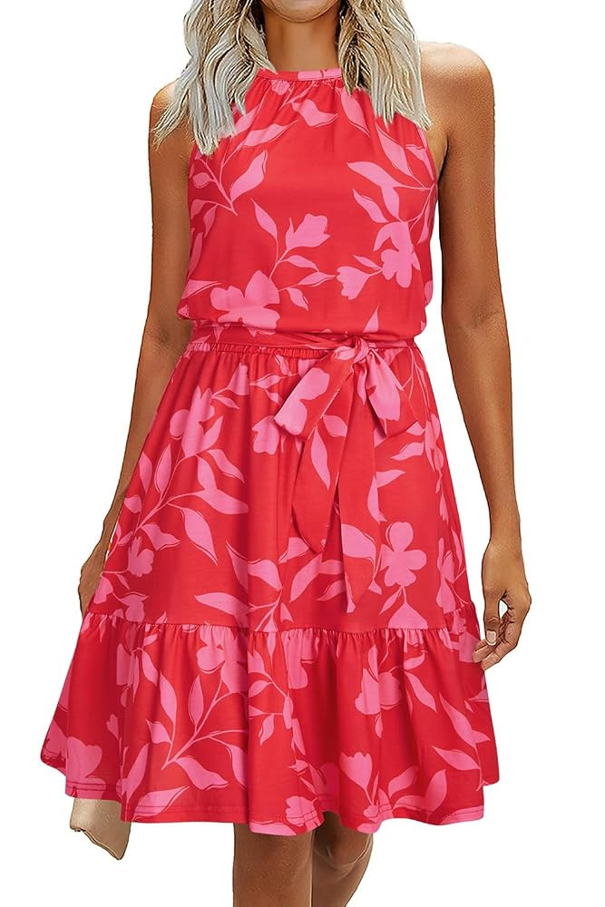 Newshows Womens 2025 Summer Dress Halter Wedding Guest Casual Beach Vacation Outfits Belted Sundr... | Amazon (US)