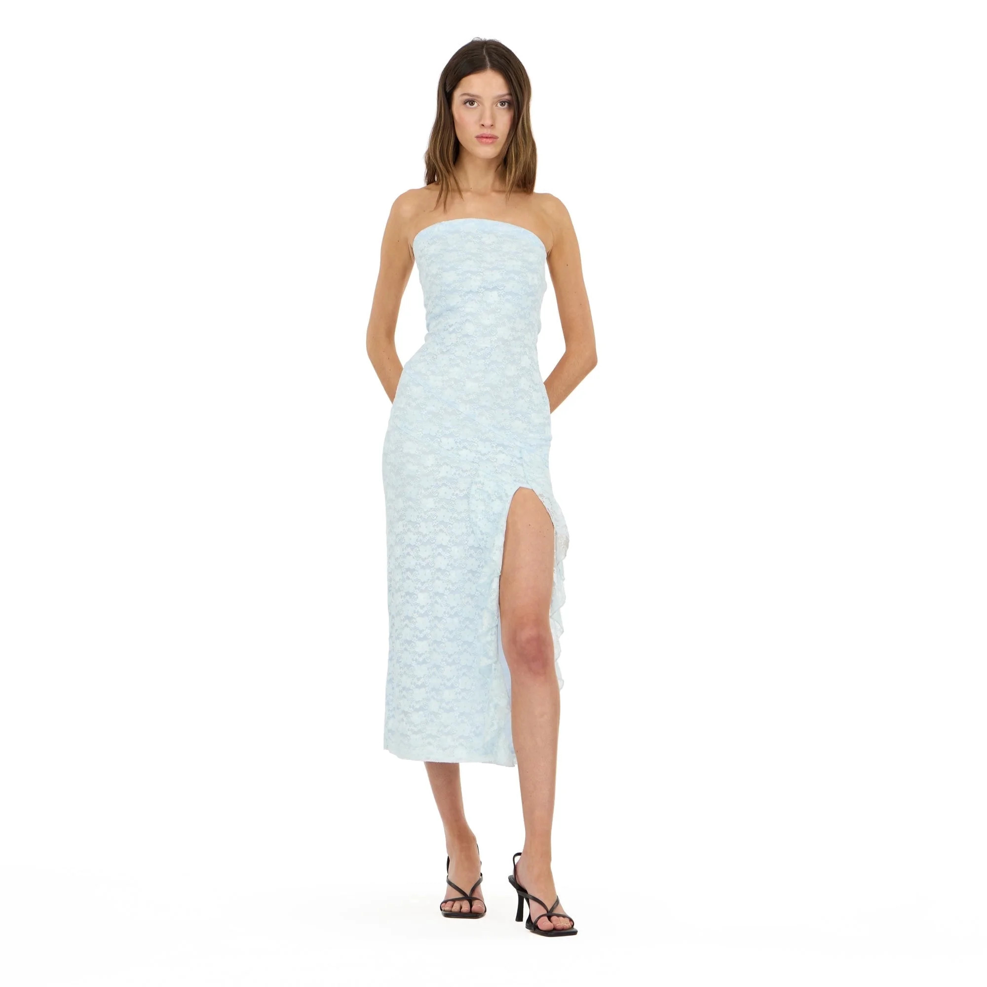 Forever 21 Women’s Strapless Lace Maxi Dress with Ruffle Side Slit, Fitted Bodice and Elegant E... | Walmart (US)