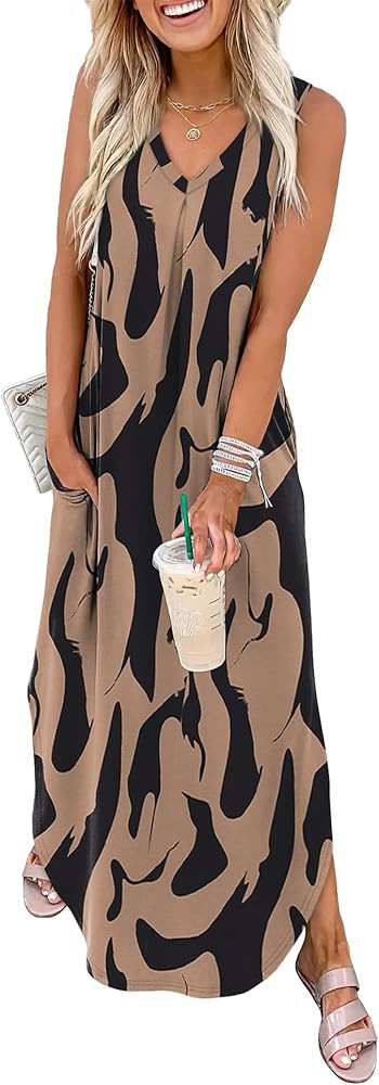 OFEEFAN Maxi Dresses for Women 2026 Loose V Neck Sleeveless Casual Beach Vacation Dress Side Slit... | Amazon (US)
