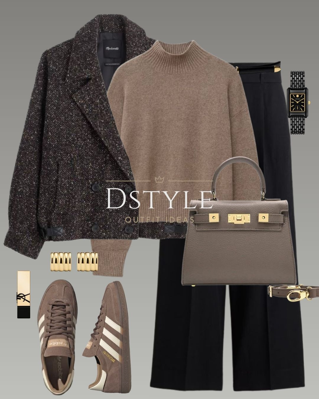 Mixing tailored essentials with relaxed streetwear is the key to effortless style this season. This outfit pairs a cozy, slightly cropped tweed bomber jacket and a luxurious turtleneck sweater with sharp black wide-leg trousers. The unexpected touch? Those cool Adidas Spezial sneakers and a gorgeous structured bag. It's the perfect blend of polished and comfortable. 

 

#LTKootd #LTKWorkwear