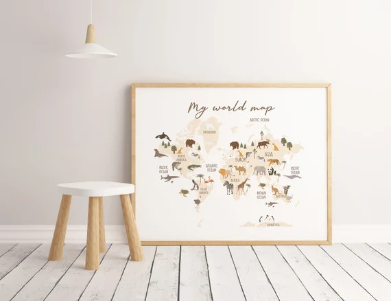Large Animal World Map Printnursery Baby Gift World Map - Etsy | Etsy (US)