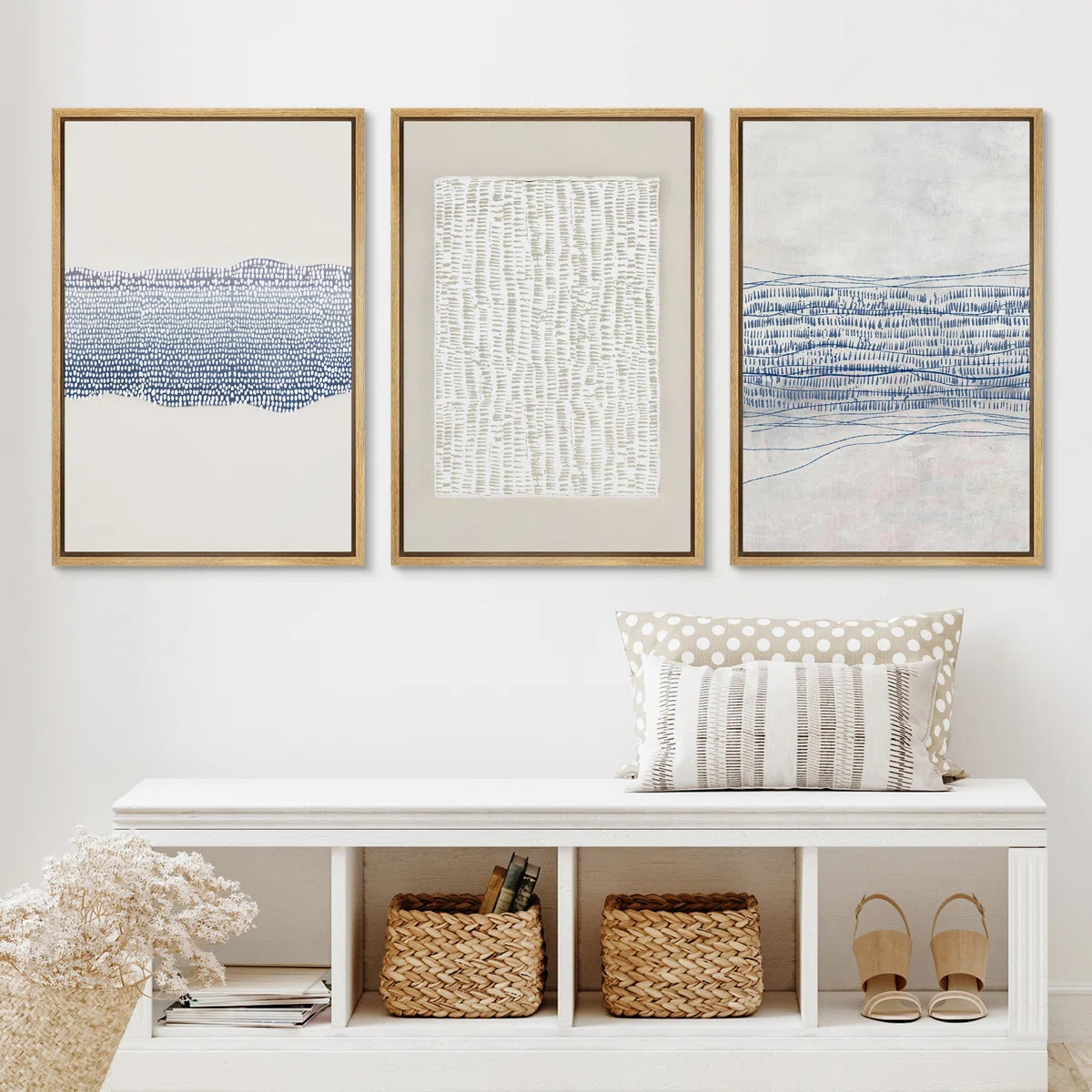 Geometric Line Blue Grunge Abstract Modern Neutral Pictures Frame Canvas 3 Piece Print Wall Art | Wayfair North America