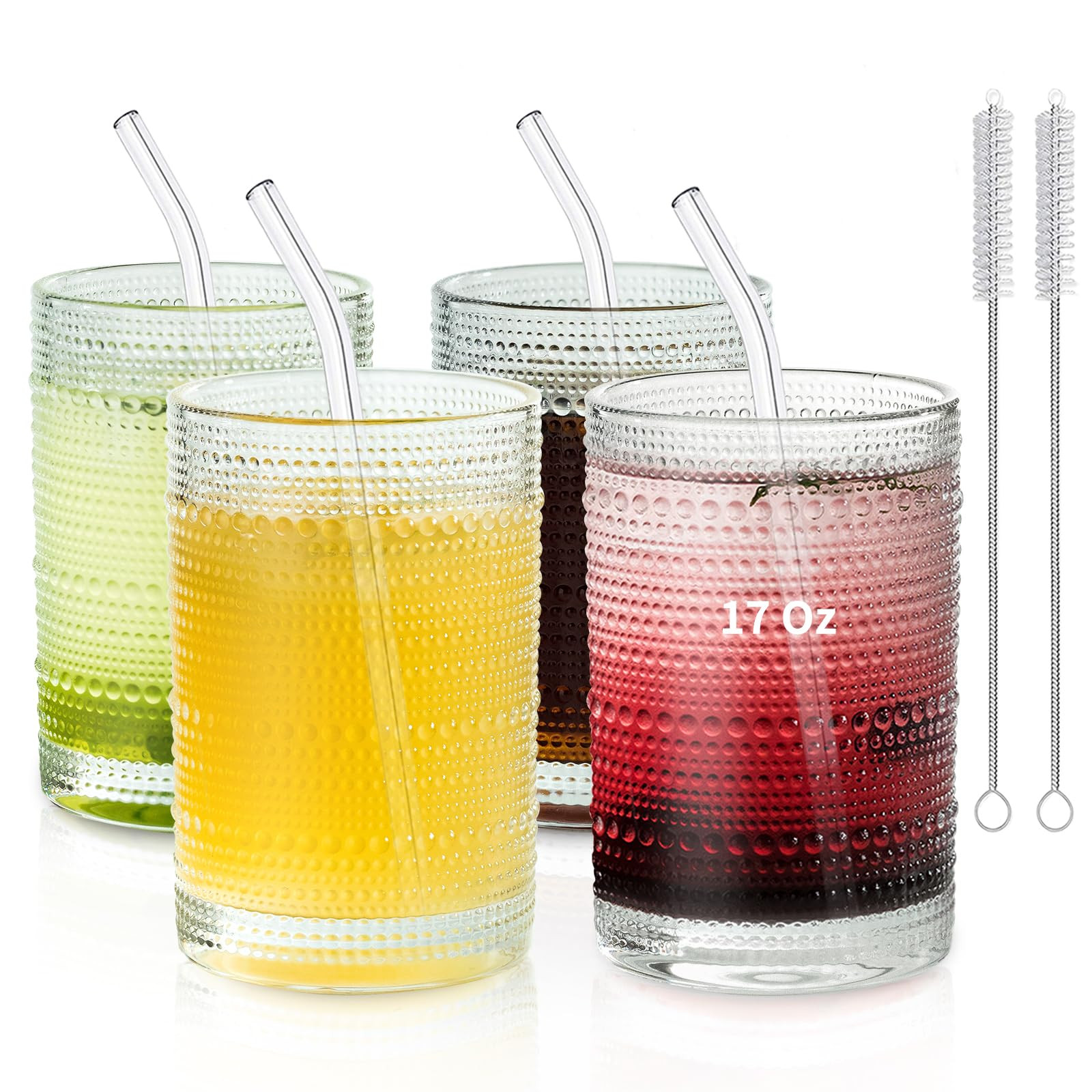 KEMORELA Vintage Hobnail Glassware Set of 4-17 Oz Old Fashioned Ribbed Drinking Glasses with Stra... | Amazon (US)